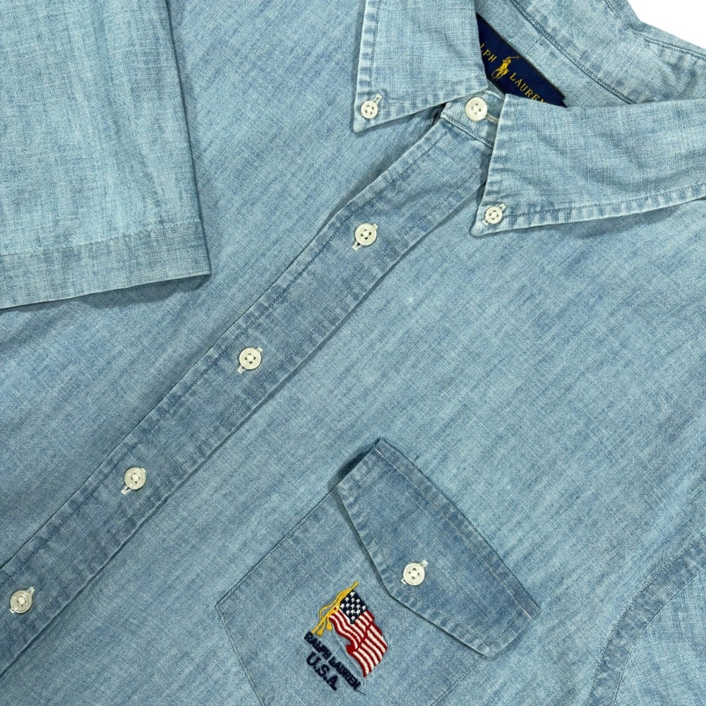 Ralph Lauren Chambray Button Down Shirt Mens XXL Blue USA Flag Logo Short Sleeve